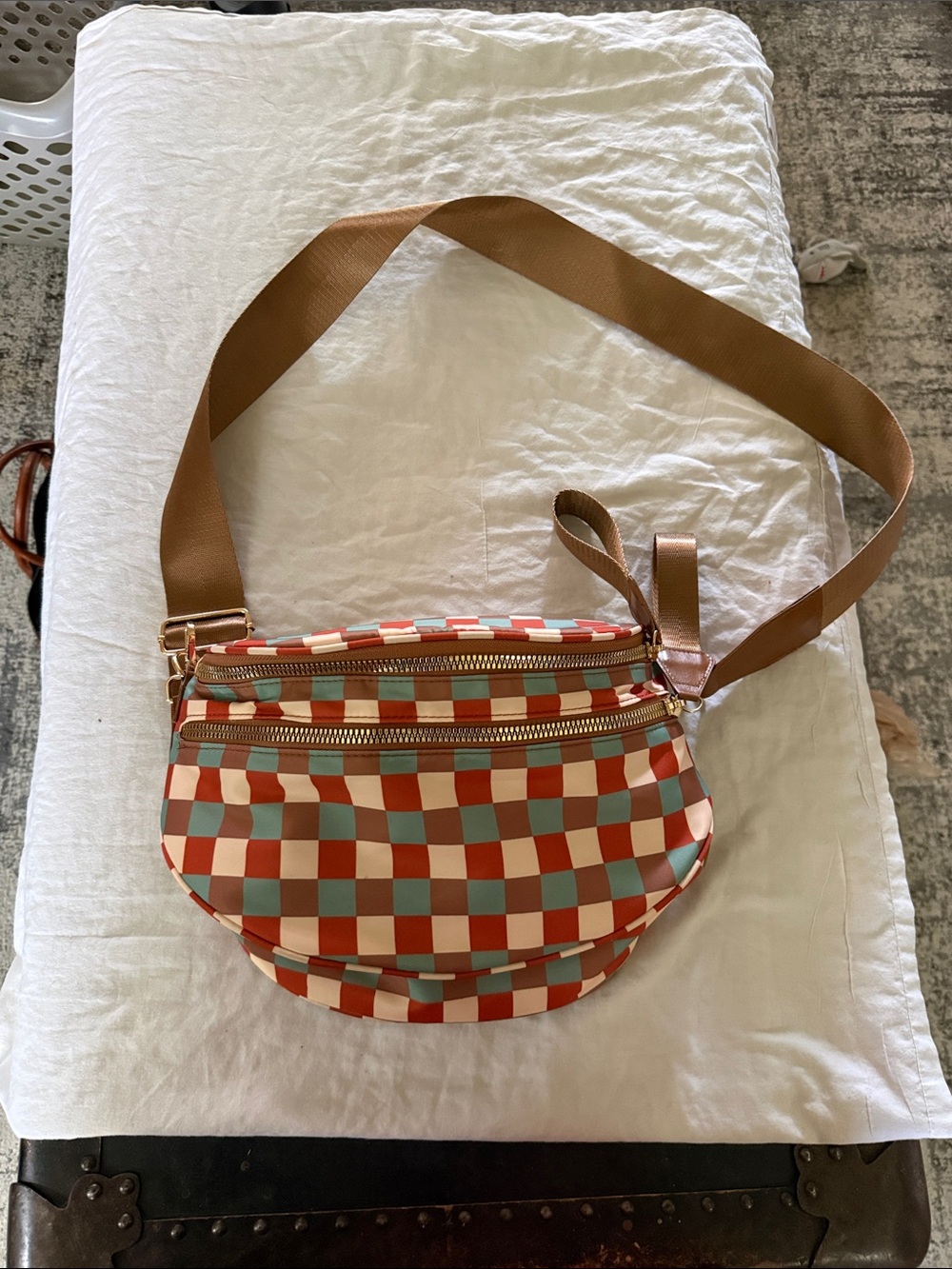 Checkerboard Crossbody Bag in Brown, Cream & Teal